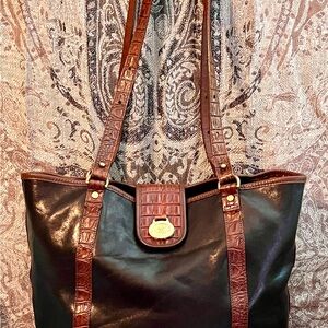 VTG BRAHMIN Black Tuscan Leather/Brown Croc Handbag Shoulder Bag Tote Purse 90’s